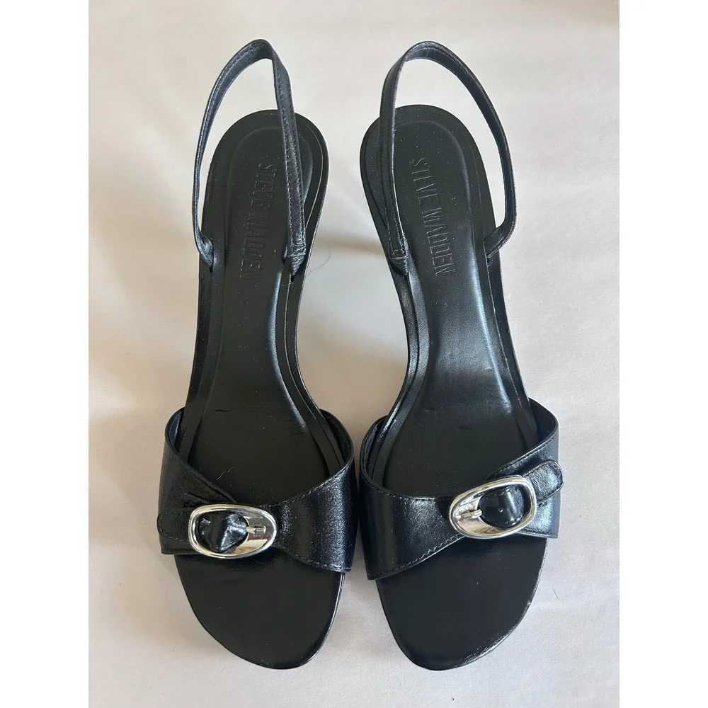 Steve Madden Womens Black Leather Buckle Slingback Kitten Heels Size 8M Brazil